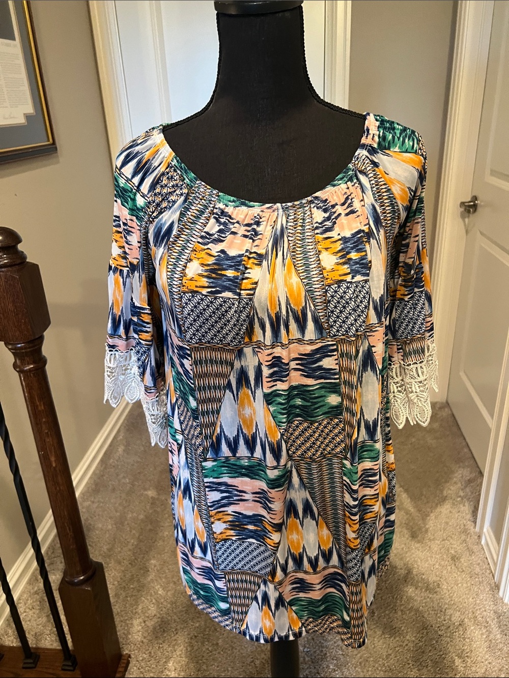 west loop Multicolor Geometric Scoop Neck Tunic with Lace Sleeves